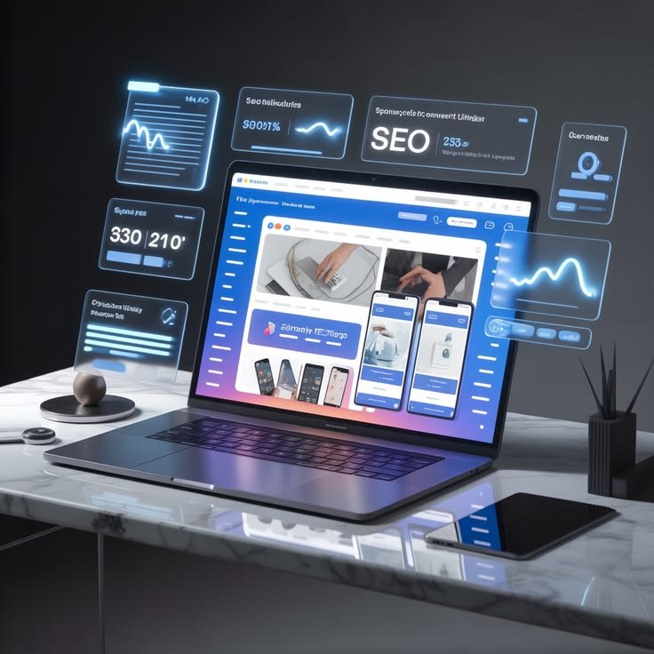 A laptop displays an image of website development on its screen, highlighting the benefits of having a website.